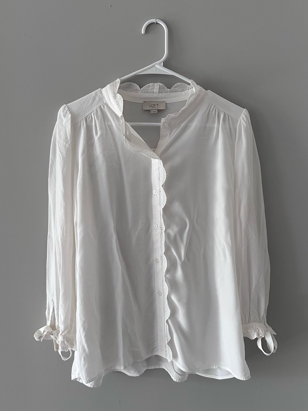 LOFT White Scalloped Button-Front Blouse with Tie Sleeves